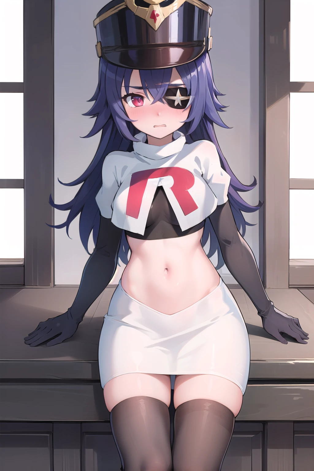 ((masterpiece,best quality)), 1girl, chevreuse, shako cap, eyepatch, blush, team rocket,team rocket uniform,white skirt,red letter R,crop top,black thigh-highs,black elbow gloves, embarrassed, blush