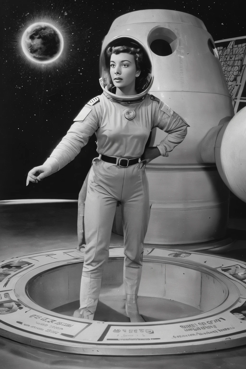 Still from a Sci-Fi UFO Monsters TV SHOW (((full Long shot image))) showing a scene from an old science fiction and adventure TV/Movie series with monsters from the 1950s, monster, OUTER LIMITS, TWILIGHT ZONE TV SHOW, (((OUTER LIMITS, LOST IN SPACE TV SHOW, Tom Corbett Space Cadett TV Show, Rocky Jones Space Ranger))), ( Science Fiction Theatre TV Show) , (((threatening monster attacking))), scientist, Beautiful and sensual young woman model 50s style, proportional human heights, (((perfect faces))), proportional heights, characters in proportional sizes, outer limits TV show, Forbidden Planet Movie, Lost in Space, old aesthetic, old image style, lobby card style photography (((pretty woman 1950 style))), Old image style, 