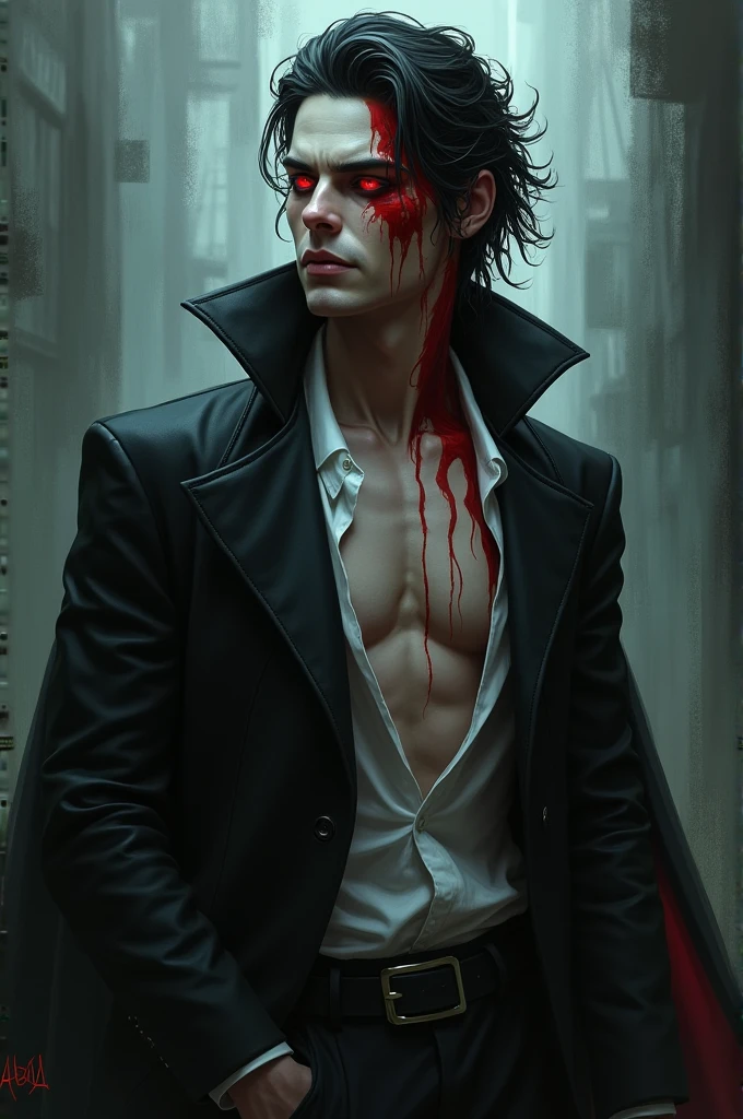 1boy, handsome, black hair, smoking cigarette, sitting in room, bandaged wrists, . scars around lower mouth, scars, bloody, serial killer, bloody, blood everywhere. psychopath, sociopath, suit, Mafia boss, scotch glass in one hand cigarette in the other.