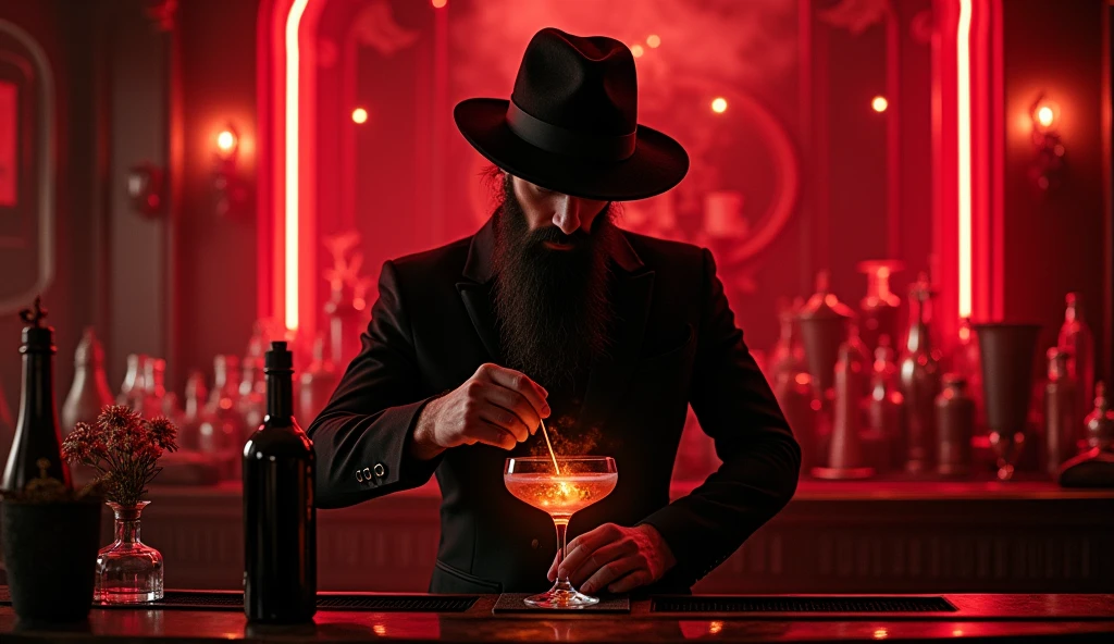 Black gloved hands of a man in black whose face cannot be seen near a shadow pouring powder into a cocktail glass with red tones, This is at the bar of a bar