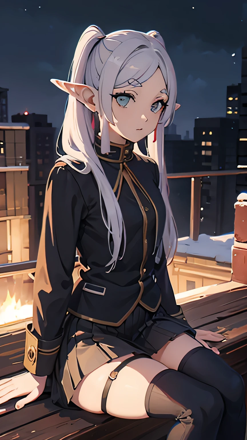 up to down perspective; Classic Frieren outfit; aesthetic; bohemian; realistic; stockings; skinny fit; Classic Frieren hair; sitting touching pose; emo; staring on foreground;; night background; Dark fantasy ; focus on hips; goddess; solo girl;