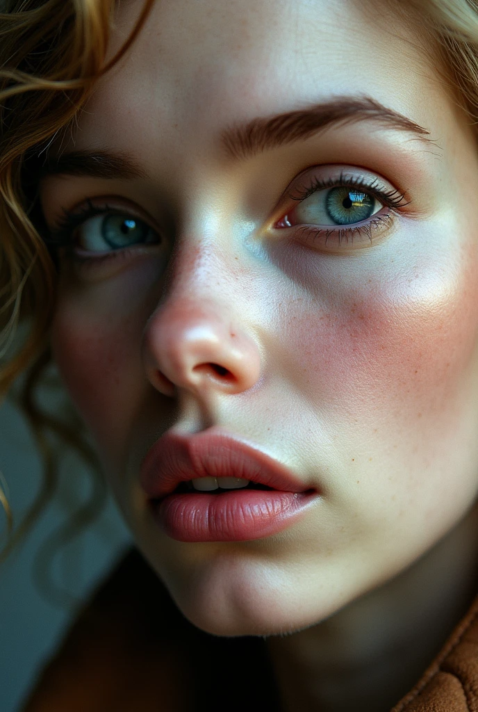 Visage d’une fille brune de 22 ans avec les yeux bleu de type européenne avec des trait fins et de légères taches de rousseurs, qui a un menton lisse sans fossette et mignone et qui est très jolie et qui se prend en photo dans un miroir tres realiste en 4k