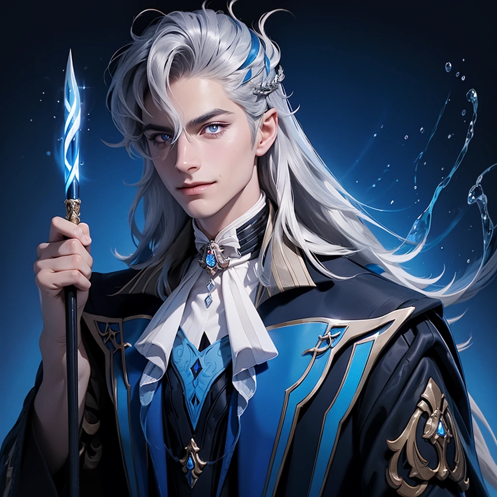 1 man neuvilette, long hair, silver hair, blue streak, blue glowing eyes, fist glowing, fontaine in background, holding stick up high, royal robes, gentle smile on face, half portrait