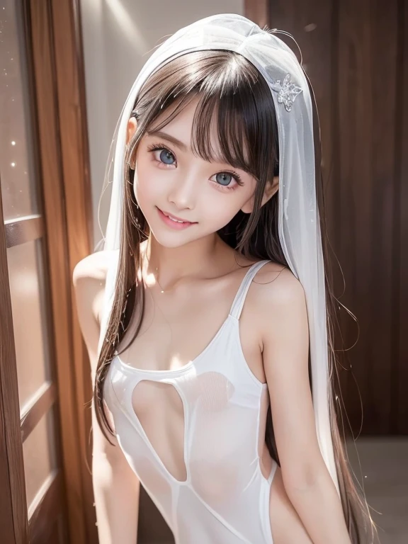 (Very beautiful cute girl), ( very cute face:1.2),, ( Big Eyes That Are Clear and Attractive Like Sparkling Crystals), Great looks,  beautiful detailed eyes,  Double eyelids with attention to detail, (smile), ( Real Photo :1.2),  long straight hair, Slim Body , ((( small breasts:1.2))),  White One Piece Swimsuit That Glows When Wet, When wet, it becomes transparent,  Random Sexy Poses 