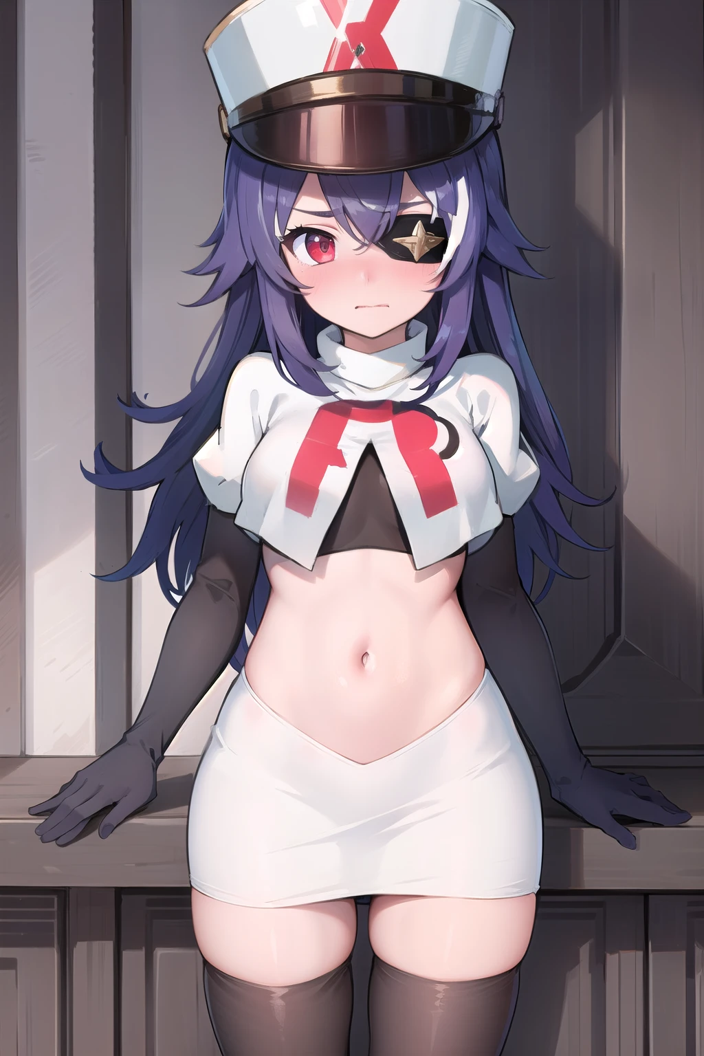 ((masterpiece,best quality)), 1girl, chevreuse, shako cap, eyepatch, blush, team rocket,team rocket uniform,white skirt,red letter R,crop top,black thigh-highs,black elbow gloves, embarrassed, blush