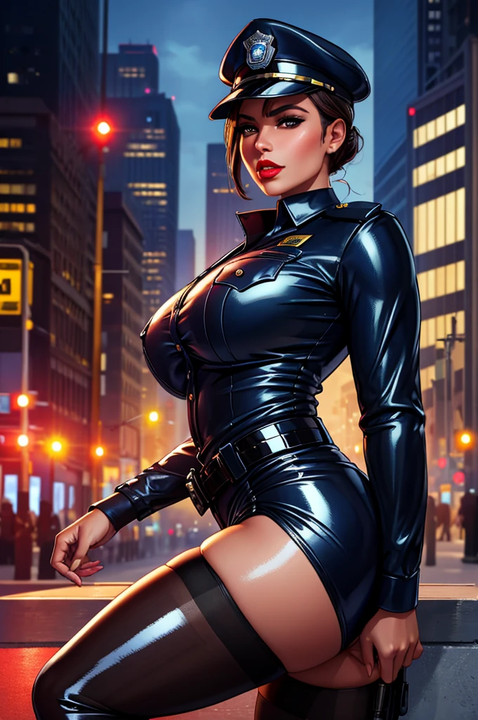 alone, (Police uniform, Female police officer), stockings, City lights, (Looking at the audience: 1.3), Release your lips, Red lips, Shiny skin, Skin dents, highest quality, Ultra-high resolution, (realism: 1.4),  Dirty Body　Upper Body　Sweaty　Big Breasts　Expose　Fluid from nipples　Reverse Rape　Slimy　saliva　Urinating　Watching the audience　Attractive body　Muscular　lure　sweating　Spread your legs