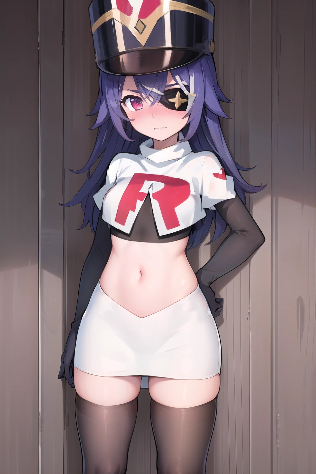 ((masterpiece,best quality)), 1girl, chevreuse, shako cap, eyepatch, blush, team rocket,team rocket uniform,white skirt,red letter R,crop top,black thigh-highs,black elbow gloves, embarrassed, blush