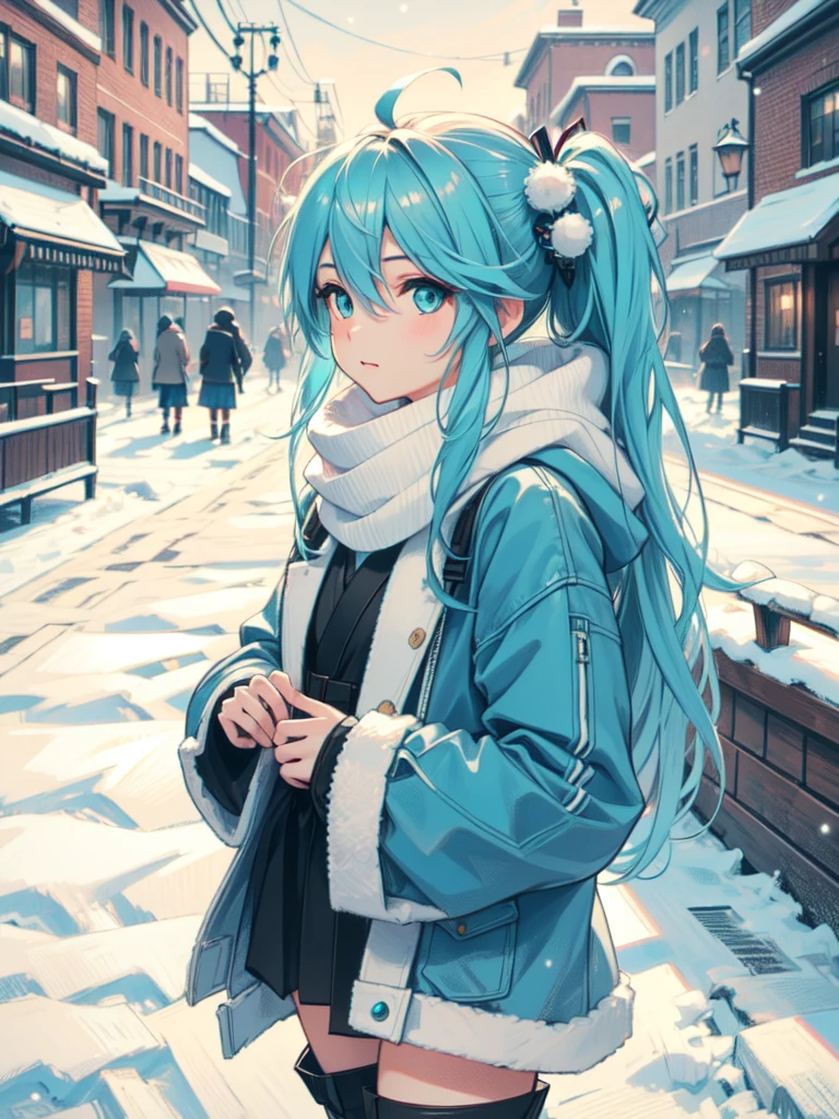 8K high-resolution image of a beautiful young woman walking through a December cityscape, dressed in the latest winter fashion. She is wearing a warm and stylish outfit, featuring an oversized wool coat, a cozy scarf, and elegant boots. The background includes holiday decorations, such as lights and wreaths, adding a festive atmosphere to the city,The scene is vibrant yet serene, capturing the crisp, cold winter air with soft lighting that enhances the snowy streets and buildings,

hatsunemiku, miku hatsune, ahoge, aqua eyes, aqua hair, crossed bangs, hair between eyes, hair ornament, long hair, twintails,
BREAK (masterpiece:1.2), best quality, high resolution, unity 8k wallpaper, (illustration:0.8), (beautiful detailed eyes:1.6), extremely detailed face, perfect lighting, extremely detailed CG, (perfect hands, perfect anatomy),