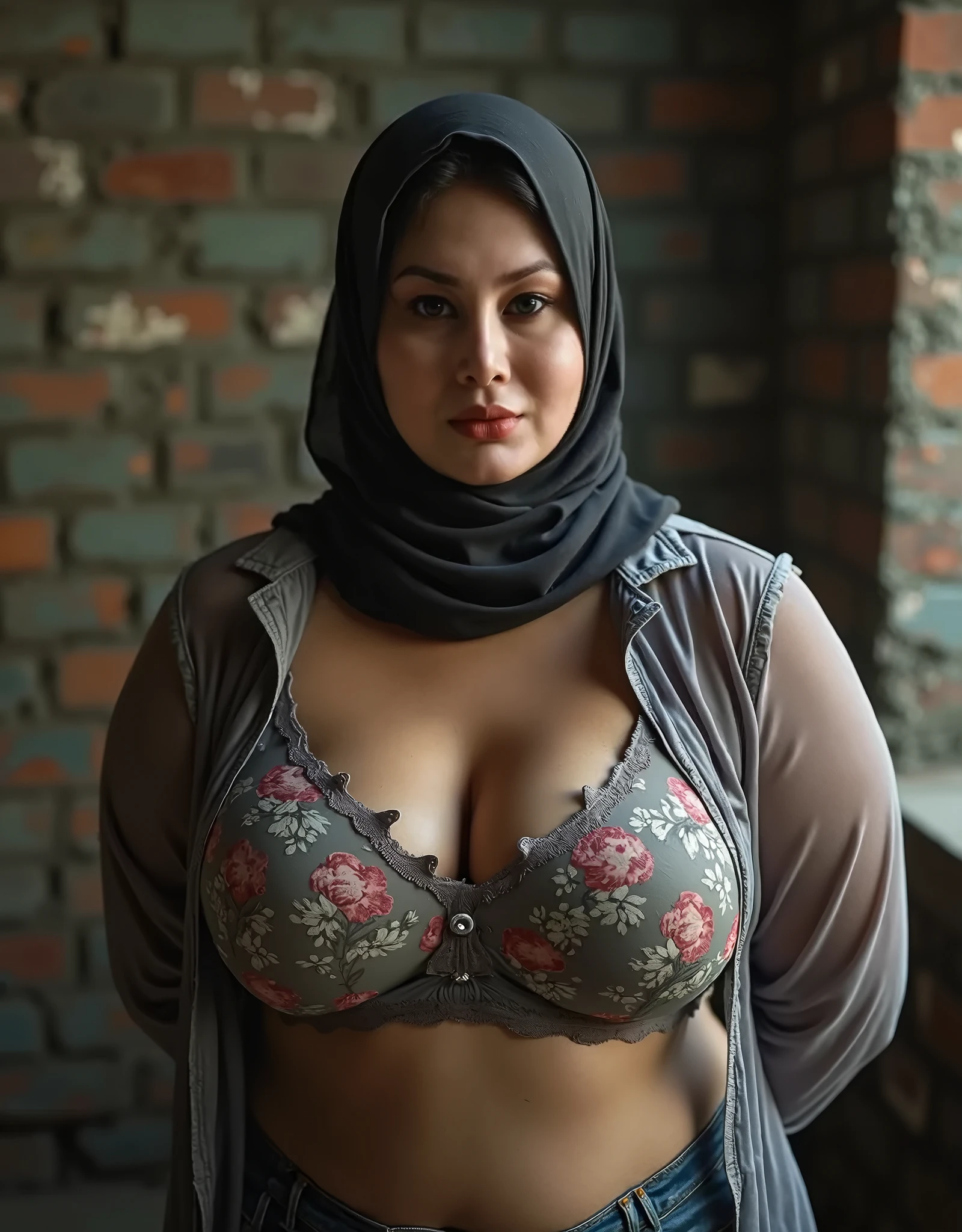 beautiful fat woman in hijab,
wearing trendy clothes, wearing tight pants, beautiful face, curvy body, sweet smile, detailed results, very good and clear quality, random background, 8k HD quality images
