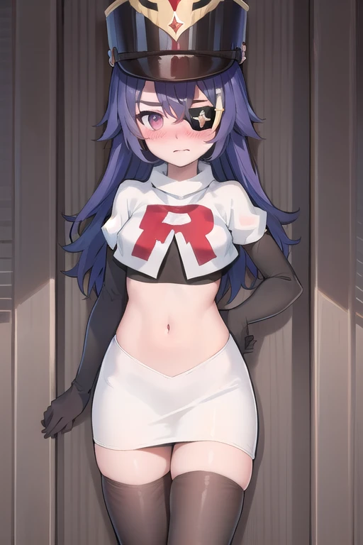 ((masterpiece,best quality)), 1girl, chevreuse, shako cap, eyepatch, blush, team rocket,team rocket uniform,white skirt,red letter R,crop top,black thigh-highs,black elbow gloves, embarrassed, blush