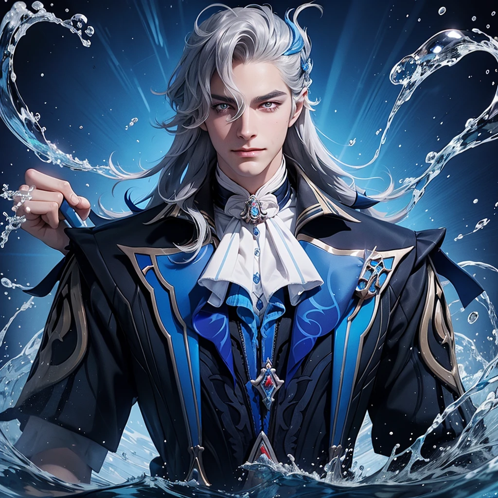 1 man neuvilette, long hair, silver hair, blue streak, blue glowing eyes, fist glowing, water waves in background, holding royal stick, royal robes, gentle smile on face, half portrait