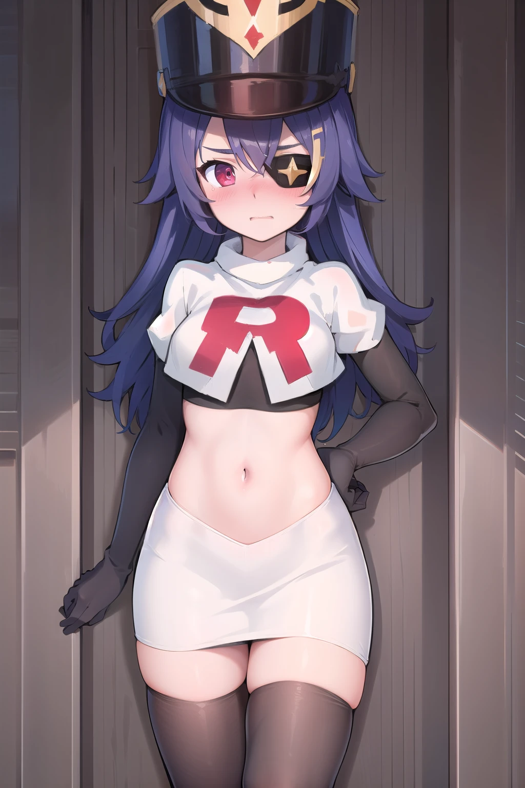 ((masterpiece,best quality)), 1girl, chevreuse, shako cap, eyepatch, blush, team rocket,team rocket uniform,white skirt,red letter R,crop top,black thigh-highs,black elbow gloves, embarrassed, blush