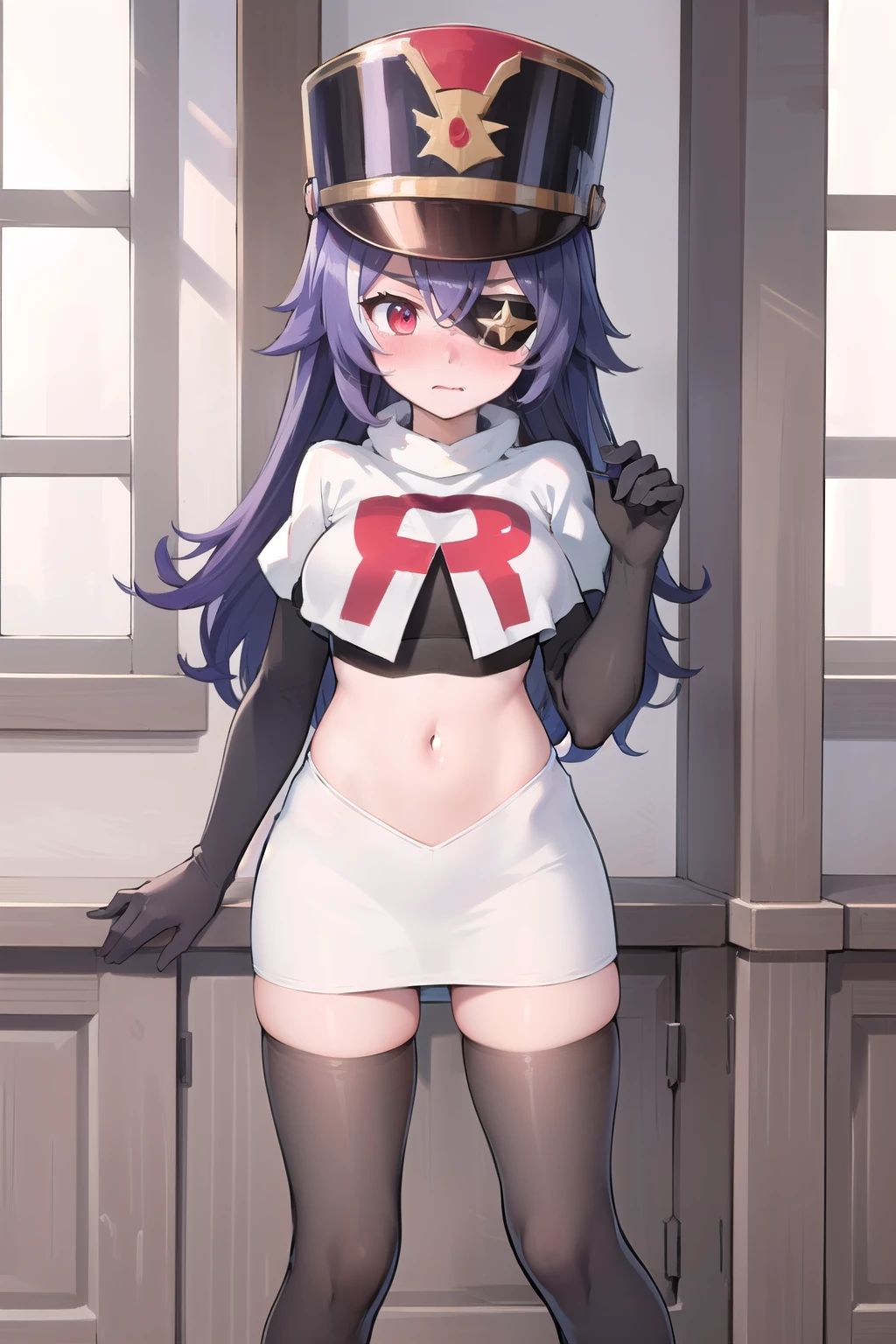 ((masterpiece,best quality)), 1girl, chevreuse, shako cap, eyepatch, blush, team rocket,team rocket uniform,white skirt,red letter R,crop top,black thigh-highs,black elbow gloves, embarrassed, blush