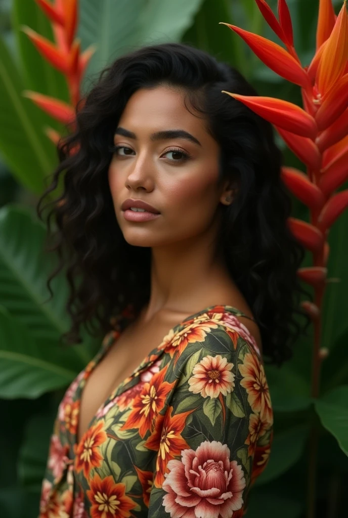 A Brazilian woman in a lush tropical garden, wearing an open shirt with a floral print, with a close-up capturing the harmonious beauty between her breasts and the natural flowers, showing off your natural charm and outgoing personality.