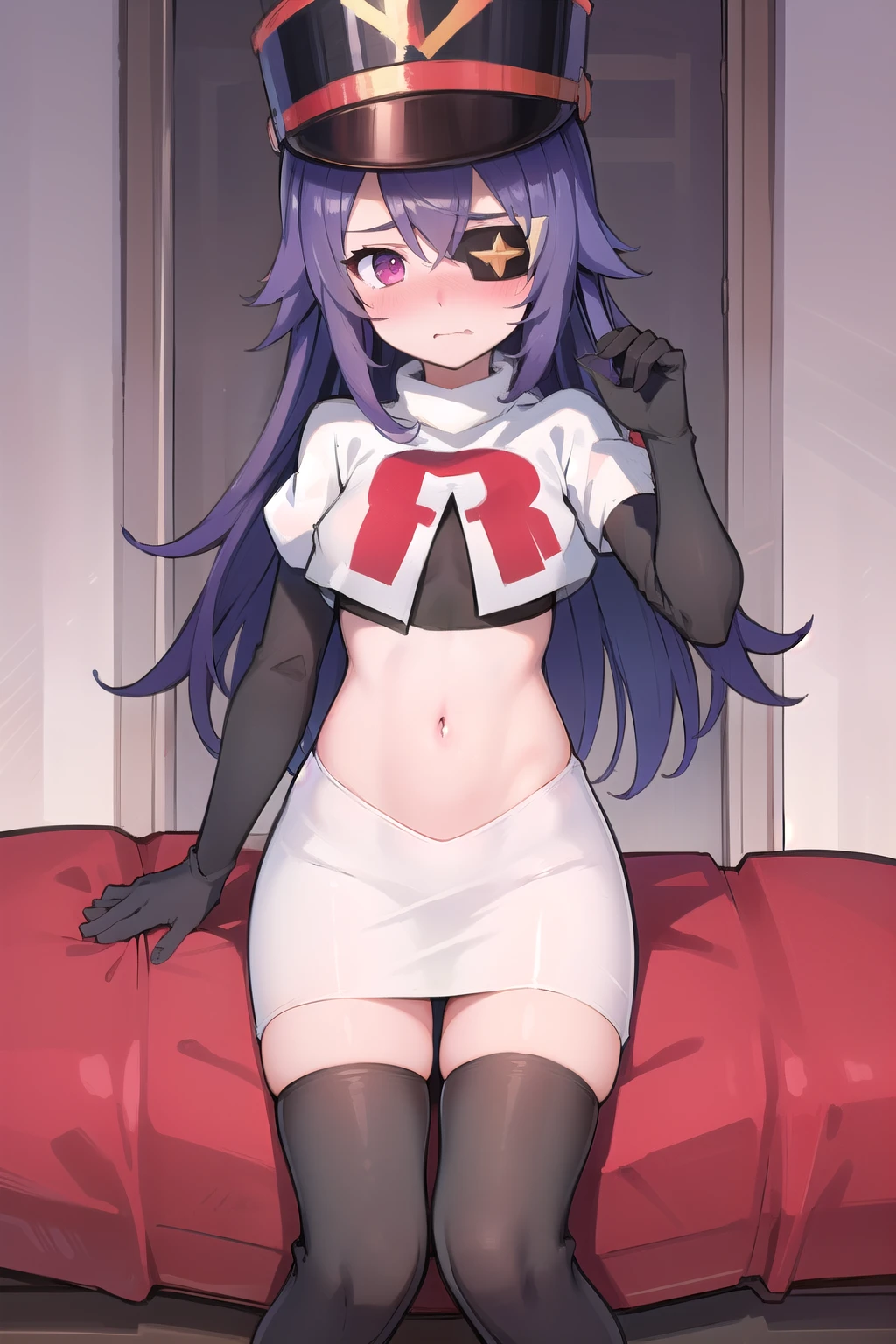 ((masterpiece,best quality)), 1girl, chevreuse, shako cap, eyepatch, blush, team rocket,team rocket uniform,white skirt,red letter R,crop top,black thigh-highs,black elbow gloves, embarrassed, blush