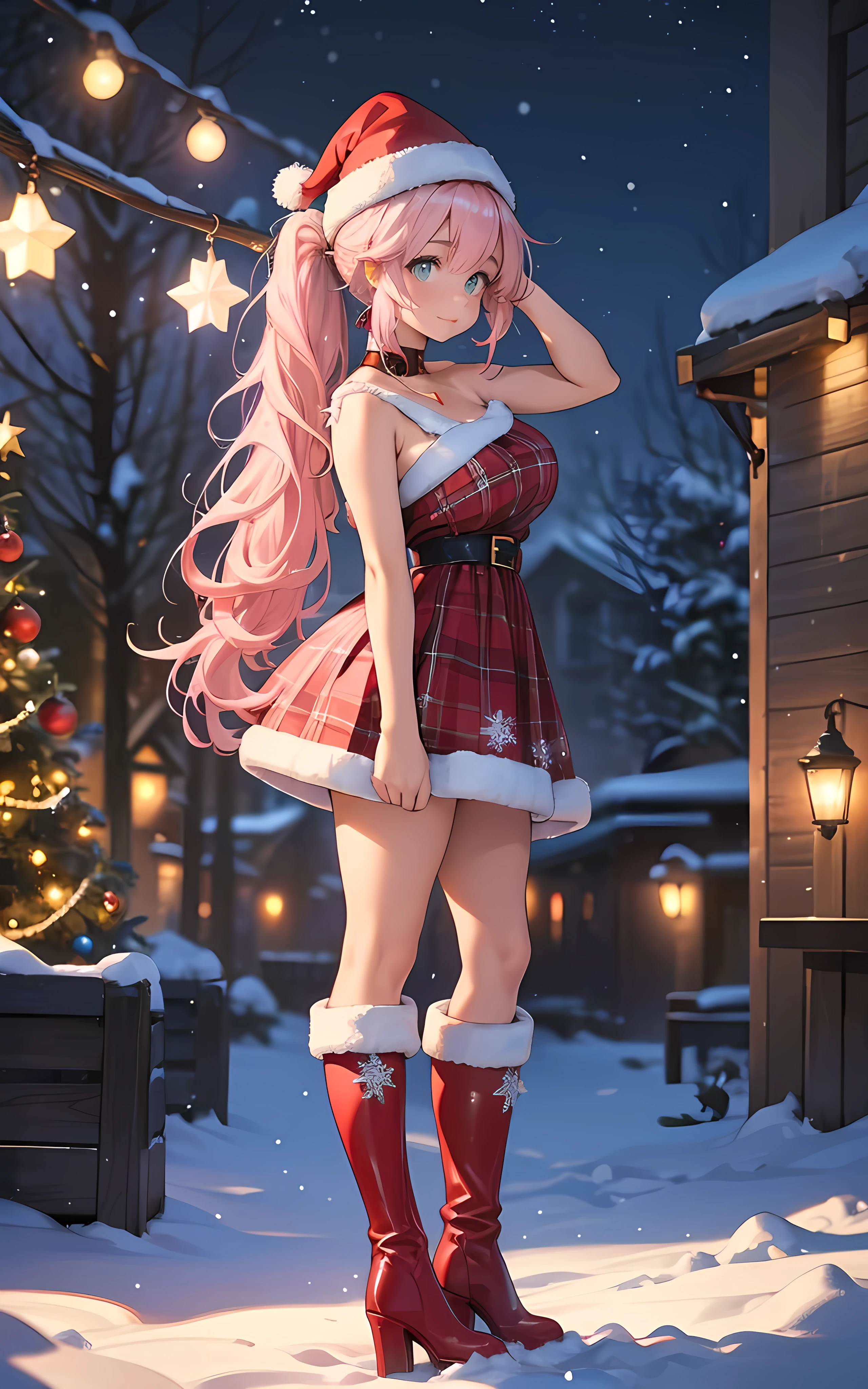 a beautiful young wonan, 19 years old,, 1girl, ( extremely large breasts ), big cleavage, (((sleeveless ))), red plaid dress with white faux fur hem, (((((plunge neckline ))))), red santa hat with small bell at the end and white faux fur rim, black leather thigh-high boots, white stockings, tight white satin glove up to the elbows, smiling, long wavy pink hair in a ponytail, extremely detailed, photorealistic, 8k, highest quality, intricate magical effects, sparkling christmas lights, beautiful starry night sky, (aurora borealis), (snowing), (snow flakes in the foreground), (christmas trees with lights and decorations with a glowing star at the top), cinematic lighting, magical, festive, vibrant colors, digital art, she is on the right side of the image, (((blurred background))), standing up straight in front of a magic decorated glowing christmas tree, ((view from side)), straight image, view of full body,