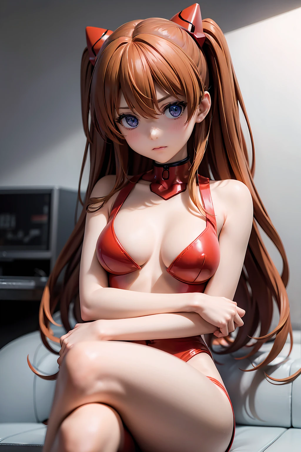  1 girl, Alone, (masterpiece), Best Quality,  expressive eyes ,  perfect face,  souryuu asuka Langley ,  interface headset,  red bodysuit , Serious Eyes,   faint smile  , Crossed legs, Research Institute Background,  sitting,  character sheet ,  upper body,  PORTRAIT,  viewers getting shirtless