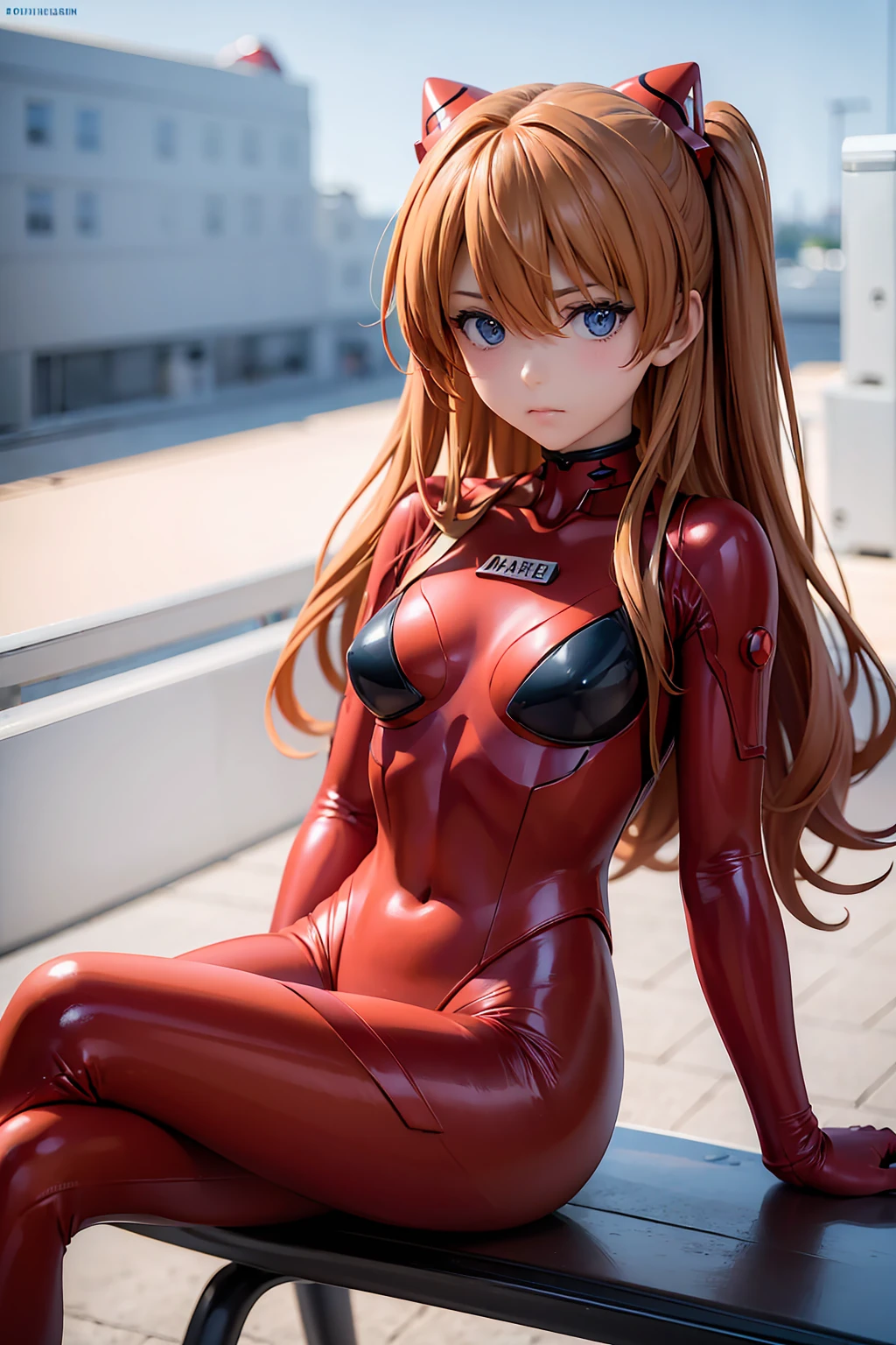  1 girl, Alone, (masterpiece), Best Quality,  expressive eyes ,  perfect face,  souryuu asuka Langley ,  interface headset,  red bodysuit , Serious Eyes,   faint smile  , Crossed legs, Research Institute Background,  sitting,  character sheet ,  upper body,  PORTRAIT,  viewers getting shirtless