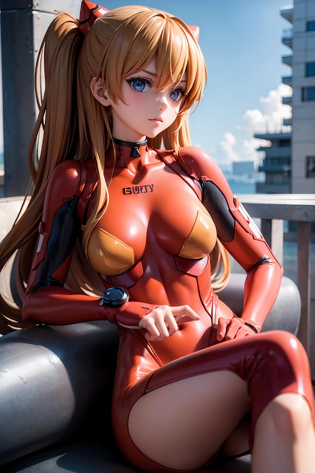  1 girl, Alone, (masterpiece), Best Quality,  expressive eyes ,  perfect face,  souryuu asuka Langley ,  interface headset,  red bodysuit , Serious Eyes,   faint smile  , Crossed legs, Research Institute Background,  sitting,  character sheet ,  upper body,  PORTRAIT,  viewers getting shirtless