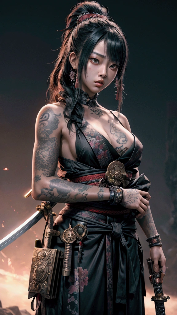a female yakuza boss, ancient times, in acnient yakuza dress and yakuza tattoos, lush hair in bun hold up by a stick, on a battlefield. (anime art style.)