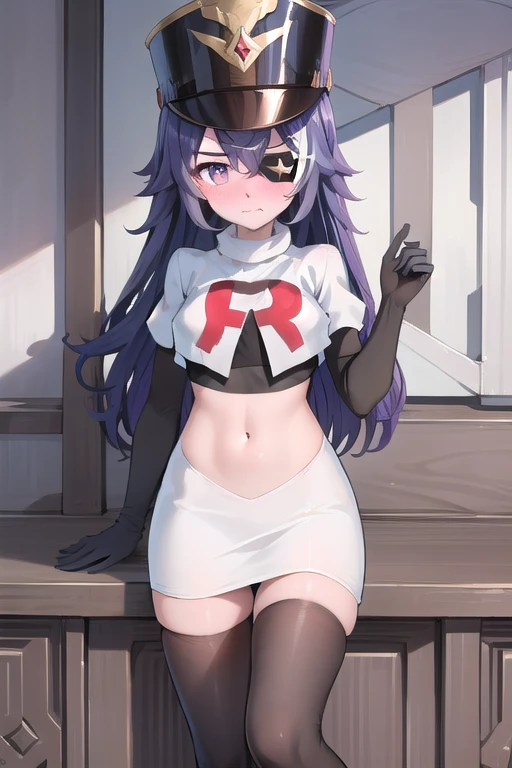 ((masterpiece,best quality)), 1girl, chevreuse, shako cap, eyepatch, blush, team rocket,team rocket uniform,white skirt,red letter R,crop top,black thigh-highs,black elbow gloves, embarrassed, blush