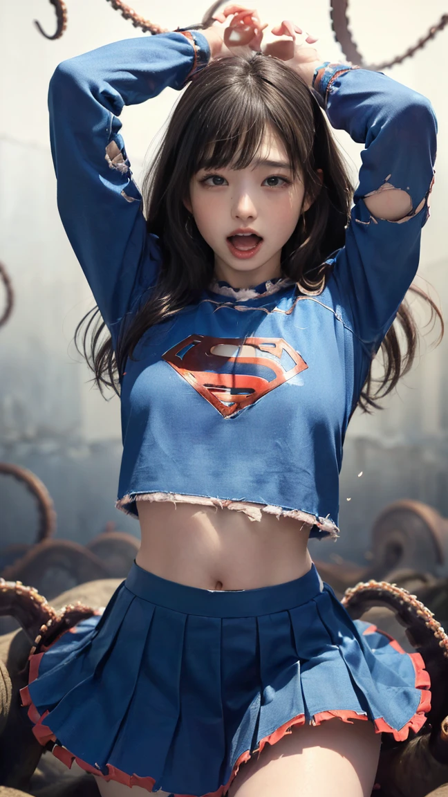 (8k、Highest quality、masterpiece:1.2)、(Realism、Photorealistic:1.37)、Ultra high definition、(Highest quality)、(masterpiece)、Supergirl trapped by tentacles、(Perfect fit body、Perfect fit、Perfect Thighs)、(((Wearing the Supergirl suit、skirt、Damaged、Torn、Thighs in Torn clothes、 Exposed arms)))、Long Hair、Long Hair、(((Tattered clothes、Too much exposure、Torn clothes、引き裂かれたskirt、ボロボロのskirt、White liquid all over the body、White liquid sticks to the body、 on the face、胸に白colorの液体、)))、(((The background is a prison、Hands clasped behind head、Surrounded by tentacles、The body is connected by many tentacles.、Hands bound by tentacles、The legs are tied with tentacles、Tentacles groping the whole body、color々Mature woman posing))),(Open your mouth、Scream、painでうめき声をあげる, painを感じ, Flowing Tears:1.5), pain, I'm in pain and crying、A meat stick is stuck in his crotch、