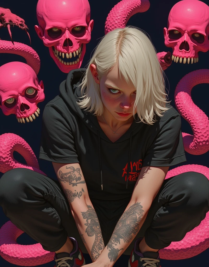 Create an ultra-realistic, surreal portrait of a seductive femme fatale crouching low, with an athletic, muscular body in a bold, confident pose. She wears an oversized hoodie with a deep neckline, revealing her curves. Her messy platinum blonde bob frames her face, with intense, smudged makeup and piercing light-blue eyes.

Intricate pink skull and serpent tattoos wrap her body, blending with her skin. Neon outlines highlight her silhouette against a dark, minimal background with abstract shapes, pink skulls, and twisting serpents. High-contrast shadows and glowing neon accents evoke a cyberpunk, pop-surrealism vibe. Capture the texture of her skin, lips, and hoodie with sharp focus, HD quality, and beautiful lighting.