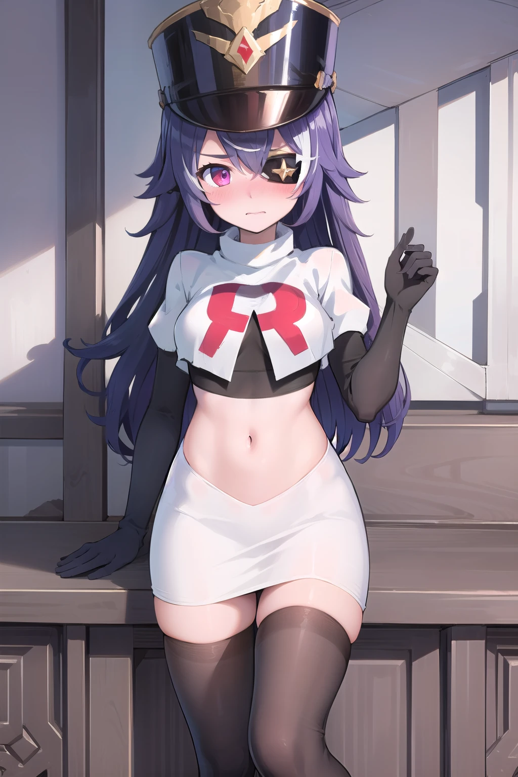 ((masterpiece,best quality)), 1girl, chevreuse, shako cap, eyepatch, blush, team rocket,team rocket uniform,white skirt,red letter R,crop top,black thigh-highs,black elbow gloves, embarrassed, blush