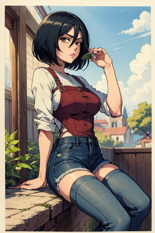 SFW Aunt Cass, sitting straight symmetrical, sitting on grass, full body, solo girl looking to the camera, cow bell choker, metal sandals, black and white bikini (cow pattern), black thigh highs, farm background