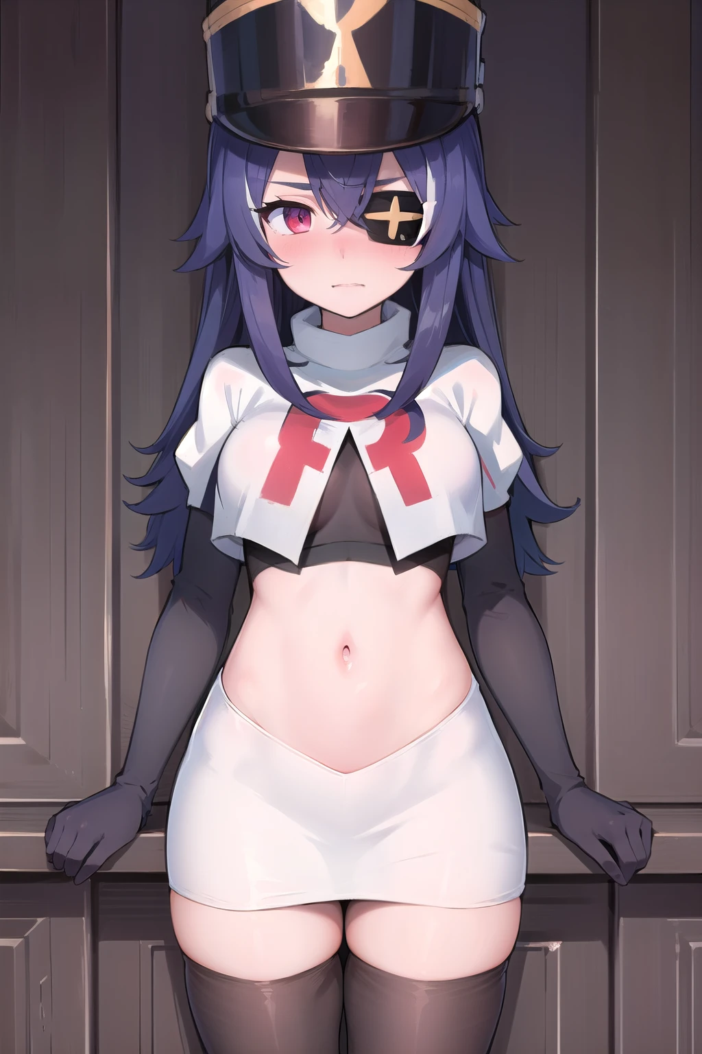 ((masterpiece,best quality)), 1girl, chevreuse, shako cap, eyepatch, blush, team rocket,team rocket uniform,white skirt,red letter R,crop top,black thigh-highs,black elbow gloves, embarrassed, blush