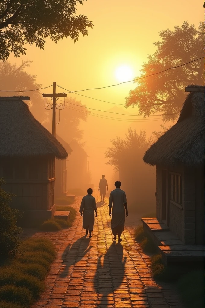 Hardik Pandya, A small village surrounded by misty fields and forests as the sun rises, casting soft, warm light on the thatched roofs and cobblestone streets. Villagers begin their day with simple, peaceful activities.