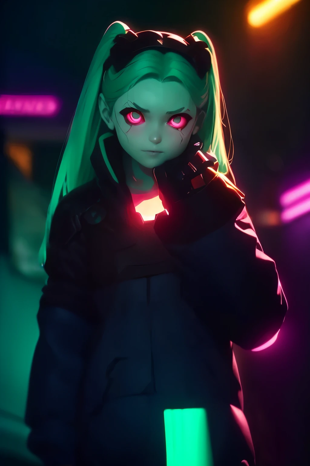 Rebecca a robotic Young Girl , (( cinematic lighting )). ((Showing hand:1.4, machine hand)),  (((Comic abstract neon background))). Best quality, master piece, detailed, intricate, realistic, texture, 4K.