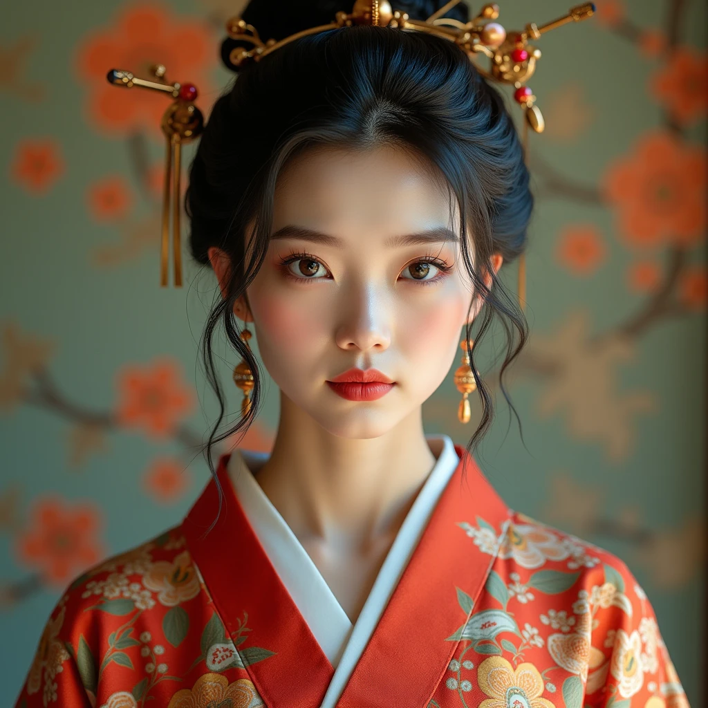 1girl,detailed kimono,detailed face,beautiful detailed eyes,beautiful detailed lips,extremely detailed skin,extremely detailed hair,solo,photorealistic,8k,highres,masterpiece,ultra-detailed,realistic,detailed background,vibrant colors,cinematic lighting,intricate details,elegant,refined,graceful