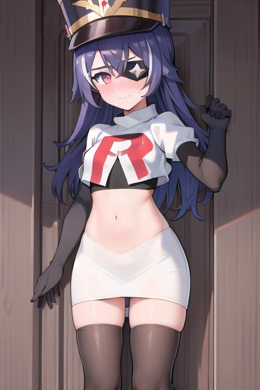 ((masterpiece,best quality)), 1girl, chevreuse, shako cap, eyepatch, blush, team rocket,team rocket uniform,white skirt,red letter R,crop top,black thigh-highs,black elbow gloves, embarrassed, blush