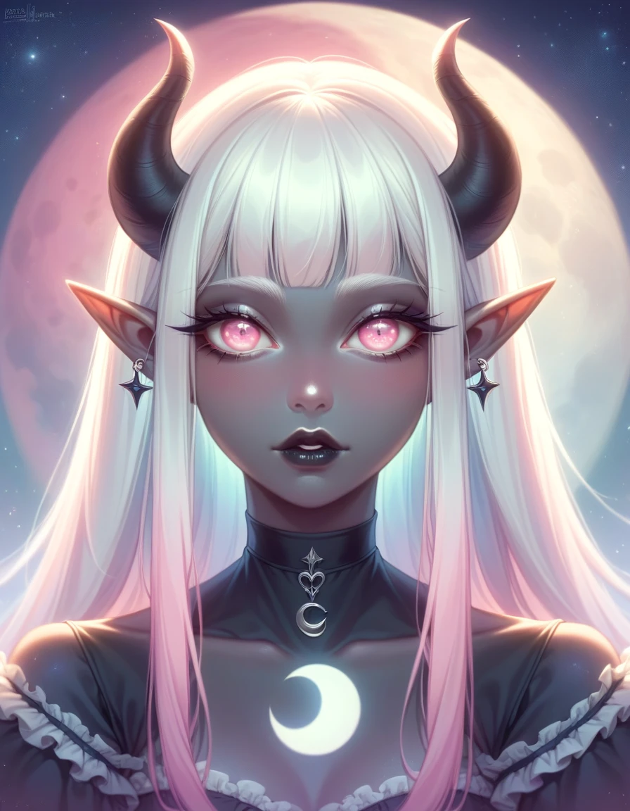 ((Masterpiece)), ((highres)), ((1person)), Random poses, beautifully detailed succubus girl, ((pastel moon background)), long white hair, defined elf ears with ear guages, defined eyes, pastel iris, long eye lashes, defined nose, black lipstick, (((Black skin))), black demon horns, breasts, night sky, pastel gothic style, gothic style art, gothic asthetic