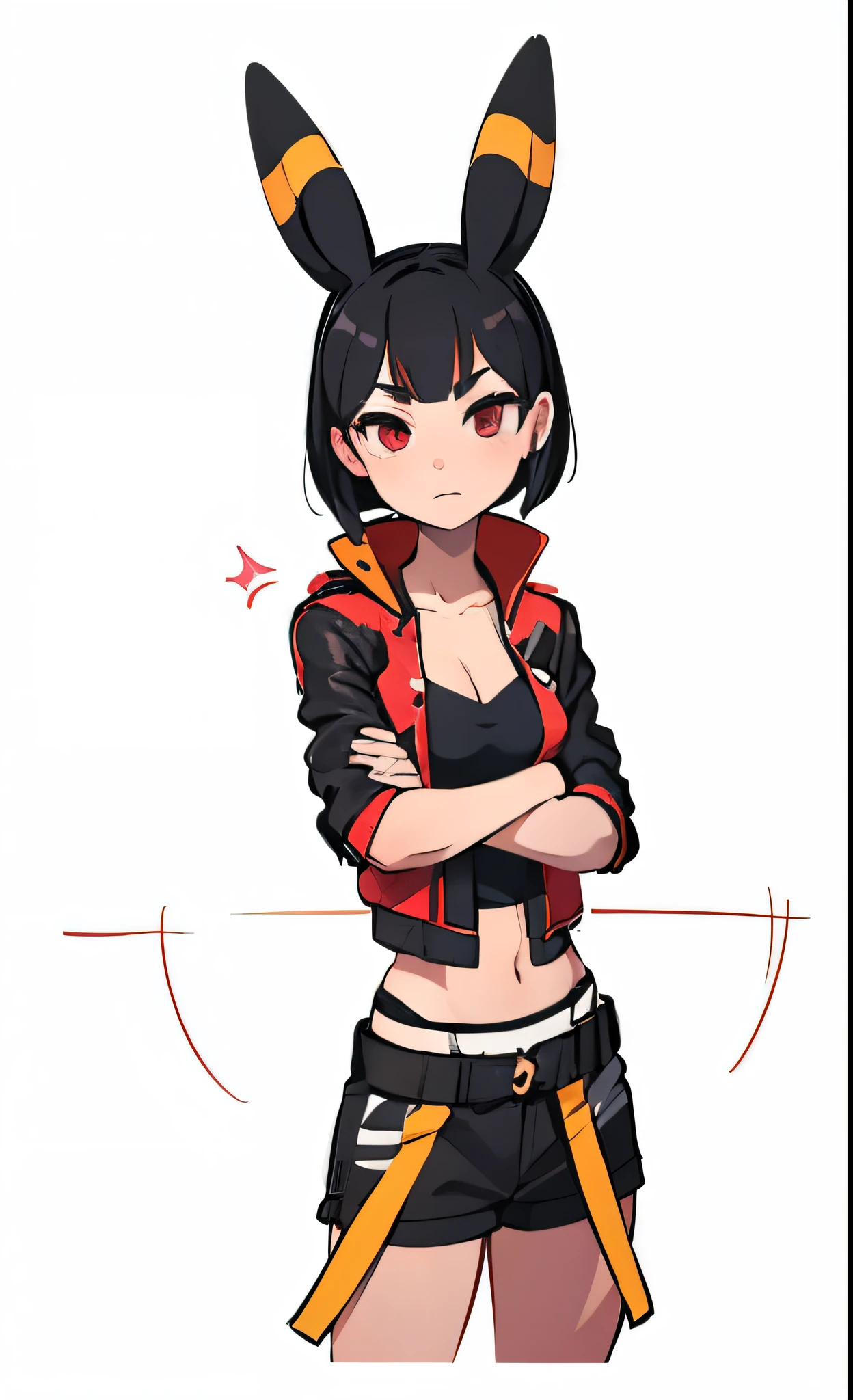 Black hair, Umbreon ears, red eyes, black cargo pants, pink lace bra, médium breast, open leather jacket