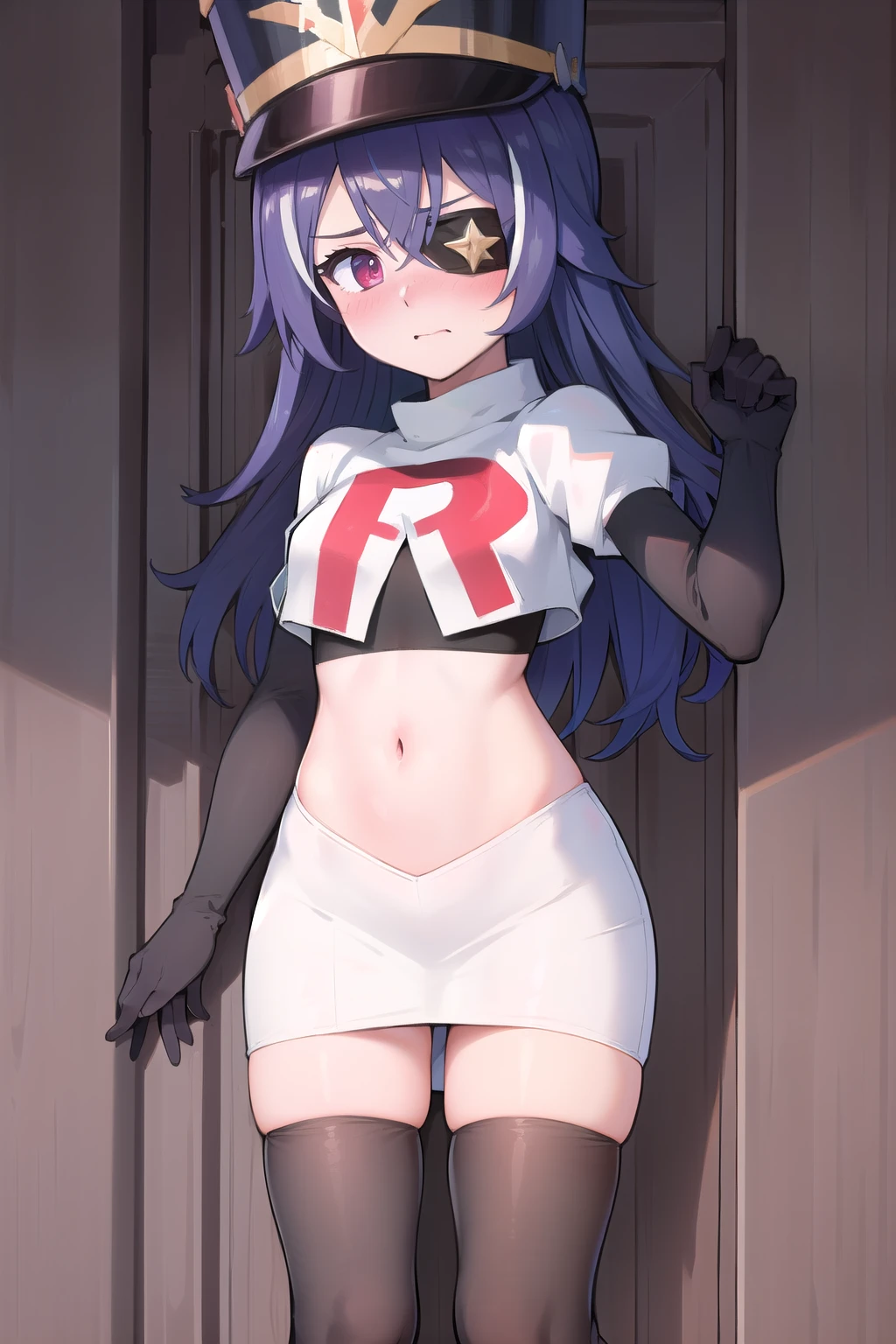 ((masterpiece,best quality)), 1girl, chevreuse, shako cap, eyepatch, blush, team rocket,team rocket uniform,white skirt,red letter R,crop top,black thigh-highs,black elbow gloves, embarrassed, blush