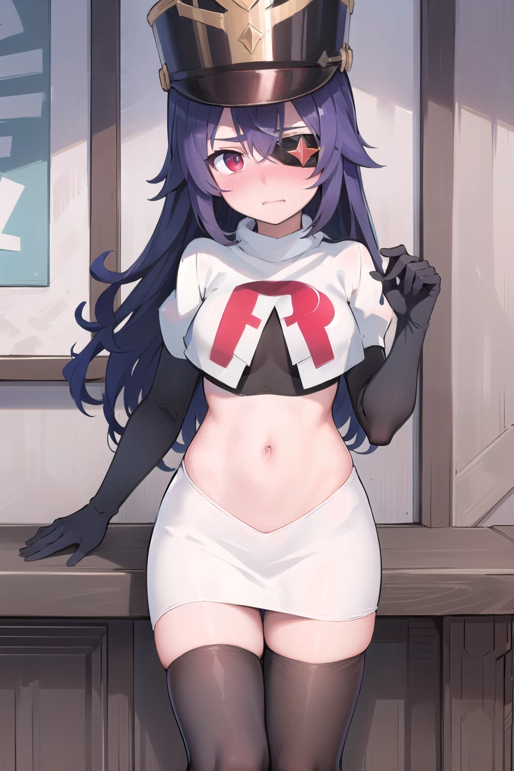 ((masterpiece,best quality)), 1girl, chevreuse, shako cap, eyepatch, blush, team rocket,team rocket uniform,white skirt,red letter R,crop top,black thigh-highs,black elbow gloves, embarrassed, blush