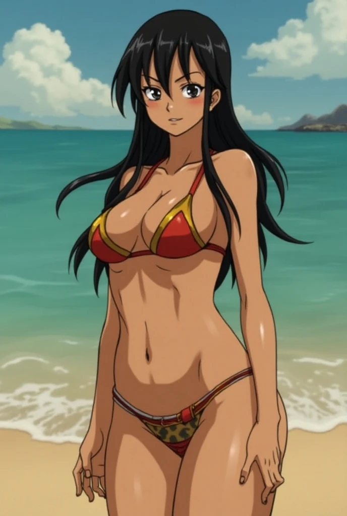 absurdos, high resolution, ultra-afiado, 8K, {obra de arte}, olhos expressivos, extremamente detalhado, melhor qualidade, rosto perfeito, 1 garota, Sozinho, olhos castanhos, praia, bikini, sorriso leve, tatuagem de cauda de fada, Standing, top menos, seios nus,
