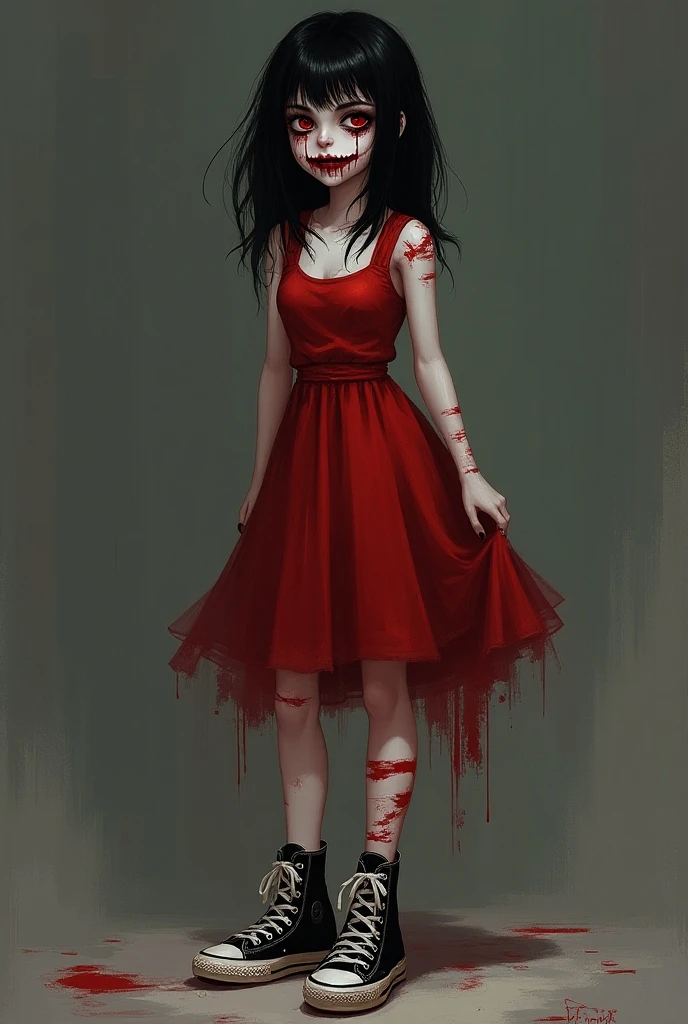 Create a creepy image of a yokai in the style of manga artist 御茶漬海苔. The yokai is a blood-soaked girl with a blood-stained dress, glowing red eyes, long black hair, a creepy laugh, blood-stained hands, white shoes, and a ghostly floating form. The background is a decayed mansion, emphasizing shadows and a haunting atmosphere.