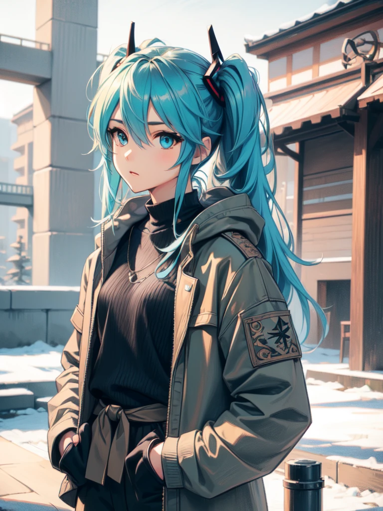 A woman dressed in an elegant military-inspired outfit featuring a khaki, beige, or black military jacket and wide-leg pants. The style has a slightly rugged, sophisticated vibe, with refined details on the jacket that highlight a feminine silhouette. The background is a simple urban setting, making the details of the fashion stand out prominently,

hatsunemiku, miku hatsune, ahoge, aqua eyes, aqua hair, crossed bangs, hair between eyes, hair ornament, long hair, twintails,
BREAK (masterpiece:1.2), best quality, high resolution, unity 8k wallpaper, (illustration:0.8), (beautiful detailed eyes:1.6), extremely detailed face, perfect lighting, extremely detailed CG, (perfect hands, perfect anatomy),