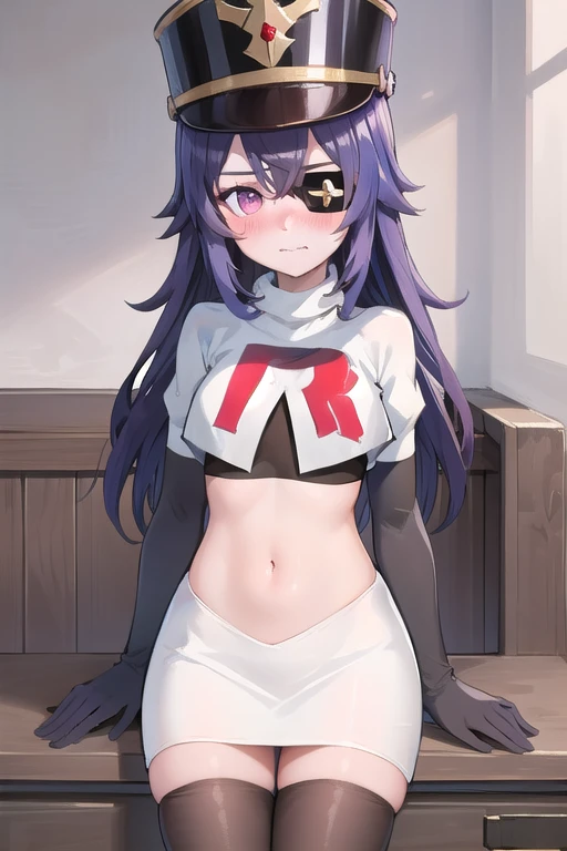 ((masterpiece,best quality)), 1girl, chevreuse, shako cap, eyepatch, blush, team rocket,team rocket uniform,white skirt,red letter R,crop top,black thigh-highs,black elbow gloves, embarrassed, blush