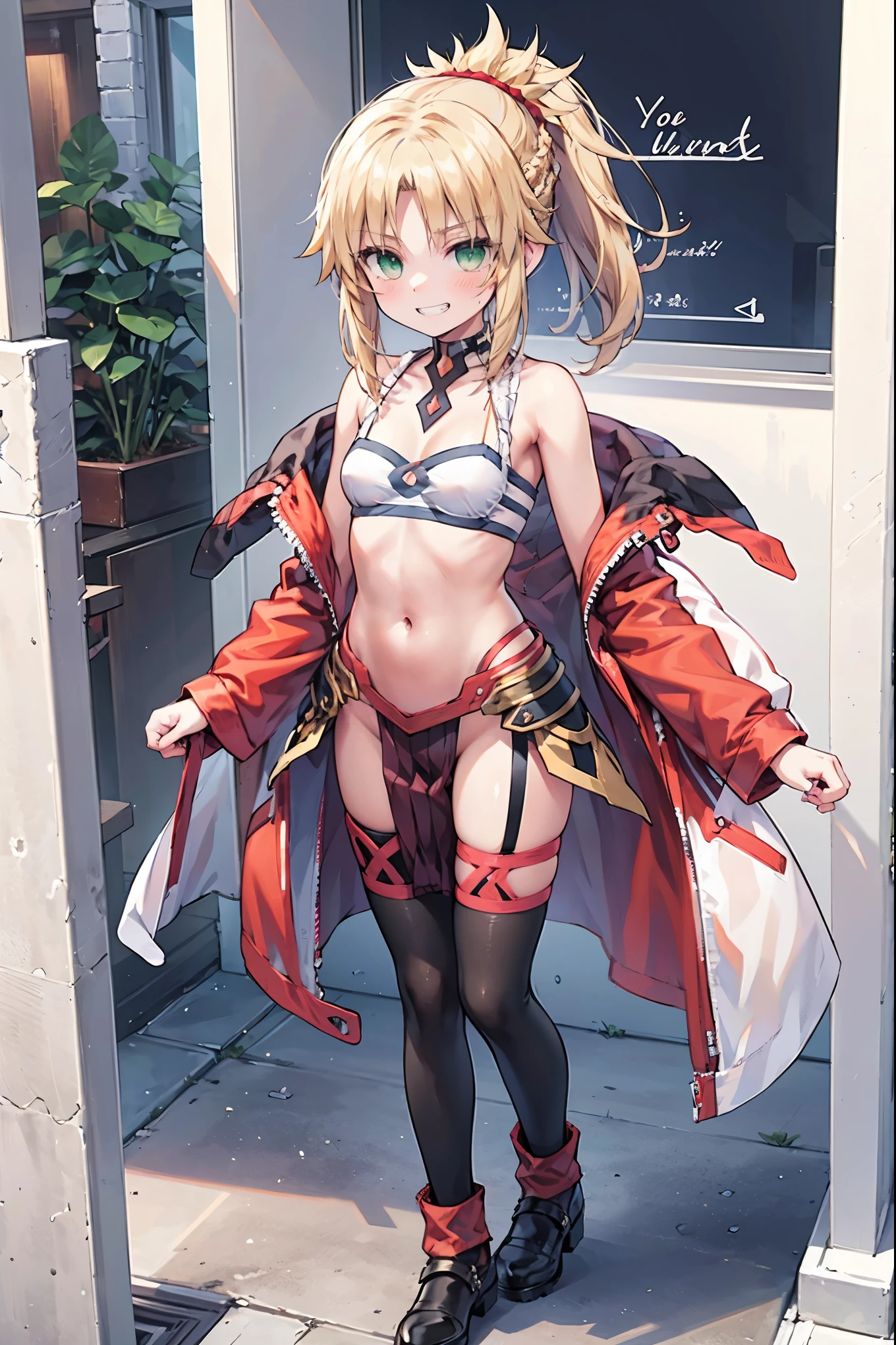 best quality, integrated scenery, integrated background, extremely delicate and beautiful, meticulous details, good composition, cute face, perfect face, perfect hands ,Masterpiece, Best Quality, illustration, city street, 1girl, Mordred \(fate\), collarbone, Detailed blond hair ponytail braid, green eyes,, White tubetop ,pelvic_curtain,navel,thigh-high,grin,(covered_nipples:0.6),skiny,big_smile,solo,boots,thigh-highs,groin