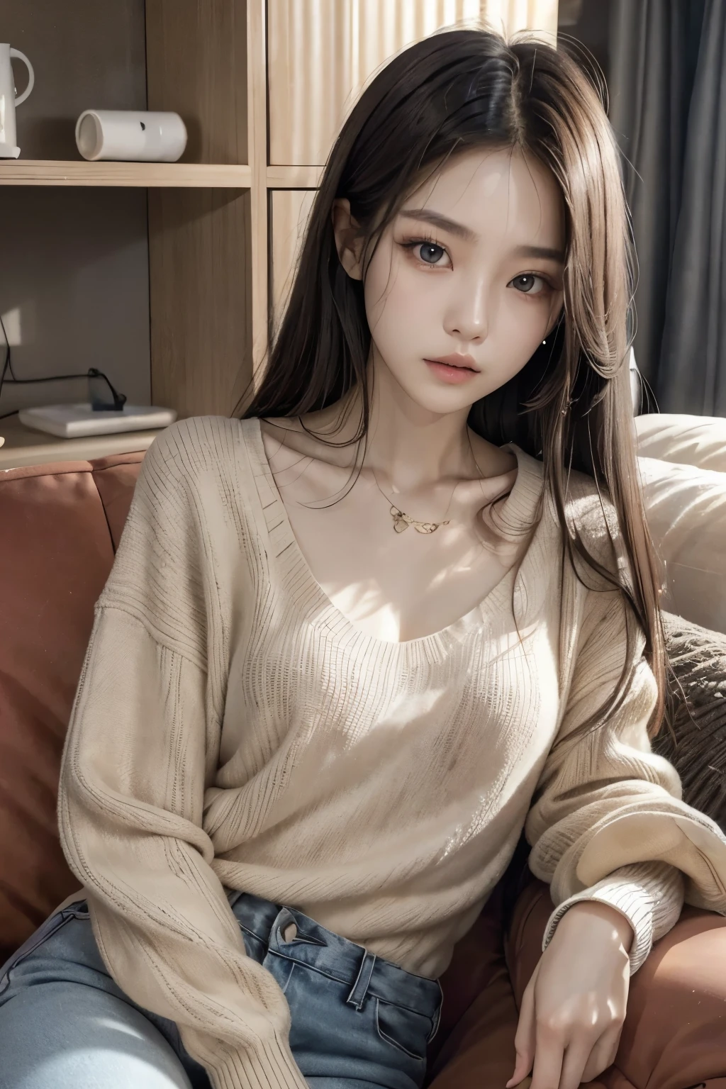 A thin, slim, fit South Korean girl, aged 25, beautiful detailed eyes, beautiful detailed lips, extremely detailed eyes and face, long dark hair, brown sweater, oversized sweater, long sleeves, Jeans, inside Apartment, Sofa, sitting, sitting on Sofa, atmospheric light, candle light, small breasts, make up, 