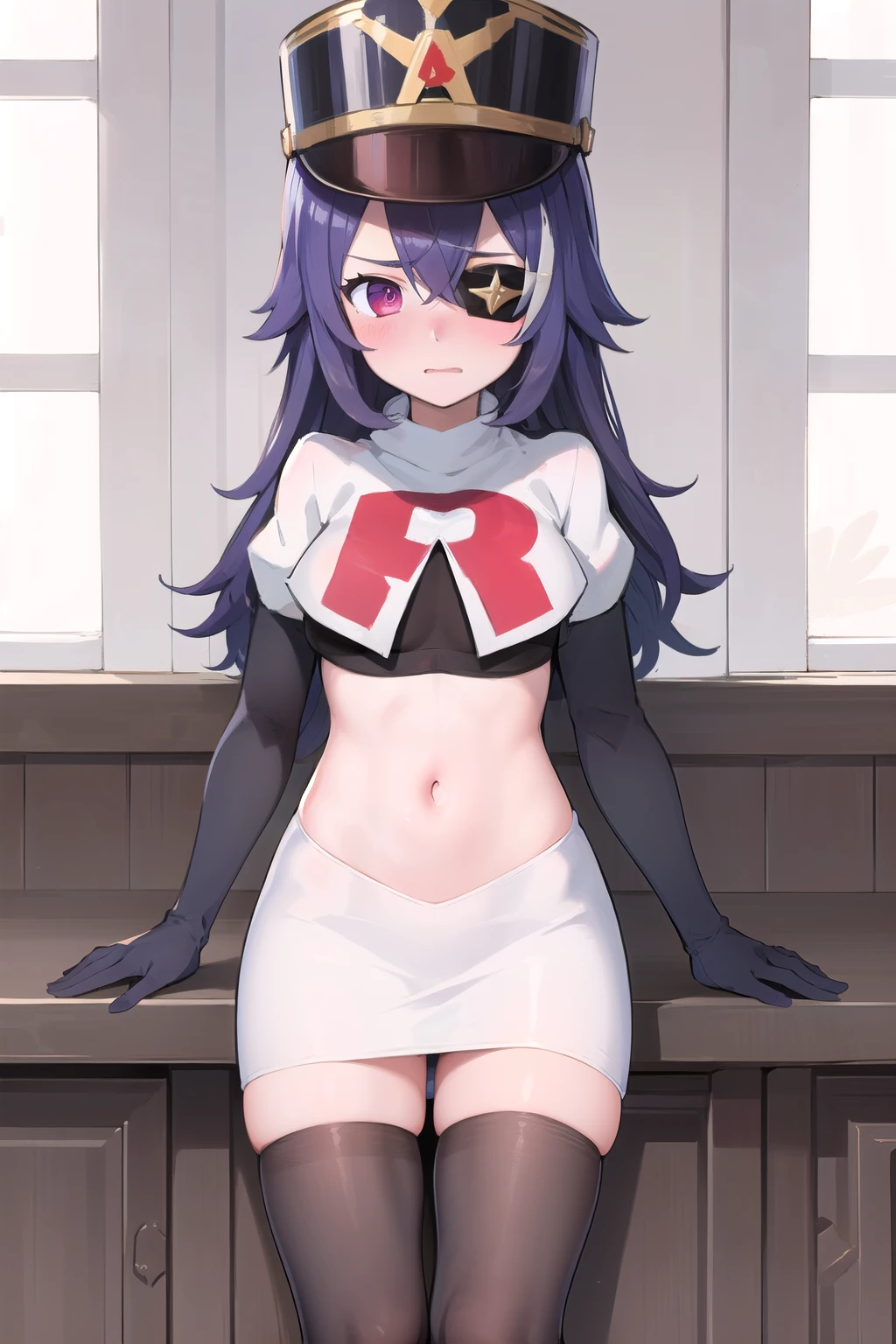 ((masterpiece,best quality)), 1girl, chevreuse, shako cap, eyepatch, blush, team rocket,team rocket uniform,white skirt,red letter R,crop top,black thigh-highs,black elbow gloves, embarrassed, blush