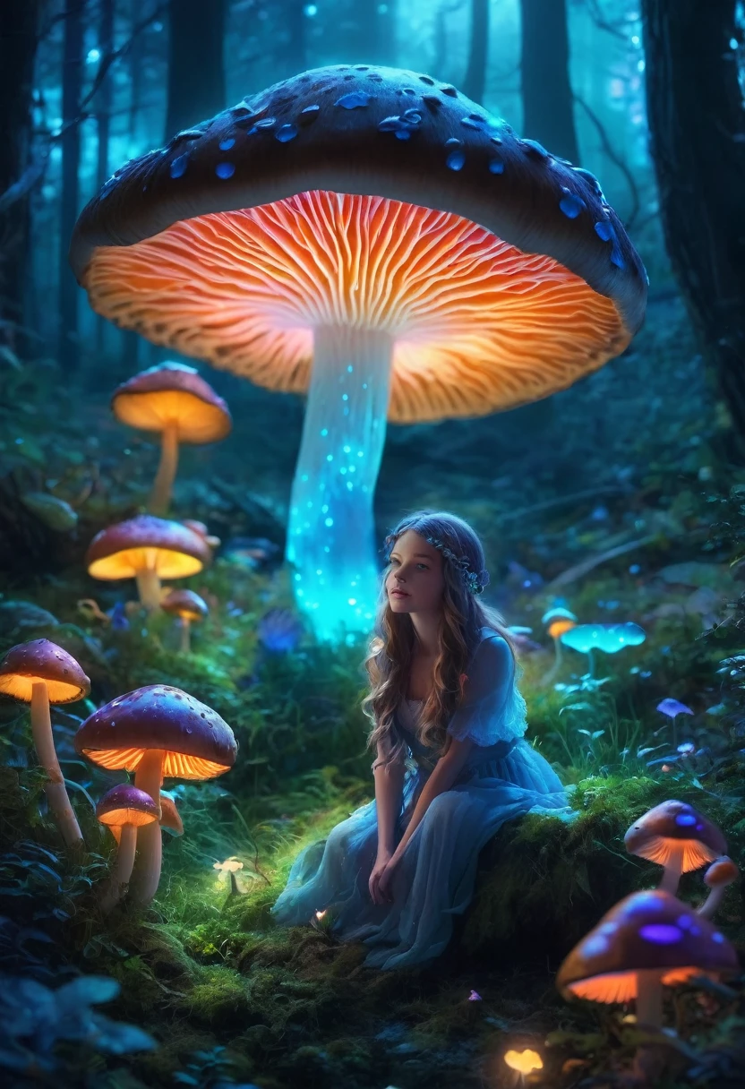 beth hamity style,(Blue and red glowing mushroom garden,Girl taking photo drawing), Luminous cells in mushroom gills produce fluorescence through bioluminescence,snail, Surreal cute snail, dreamlike illustration, Dripping honey, hyperrealistic aesthetic, Pop surrealism, Integrated into Ligent