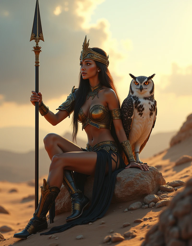 (masterpiece, highest quality, Highest image qualitHigh resolution, photorealistic, Raw photo, Extremely detailed CG unified 8k wallpaper), cover design featuring a stunning goddess Athéna, very hot and sexy, ((Dynamic, cinetic warrior position), ((black sexy bronze and gold armour)), (jaw-dropping beauty, perfect proportions, beautiful body, slim body beauty:1.4), morning Light, Volumetric Light, (dark brown stunning eyes, white skin, black long hair)((bronze helmet, bronze Shield and long spear)). ((Sitting in a suggestive and sensual position on a rocky desertic area)), (mythologic fantasy, bright colors) Sunny Sky. ((A majectic owl is sitting on a rock near the goddess), sun lights through the clouds. The overall tone is elegant and powerful, with a slightly surreal ambiance. (Realistic light, textures and details. Full HD, 8K) 