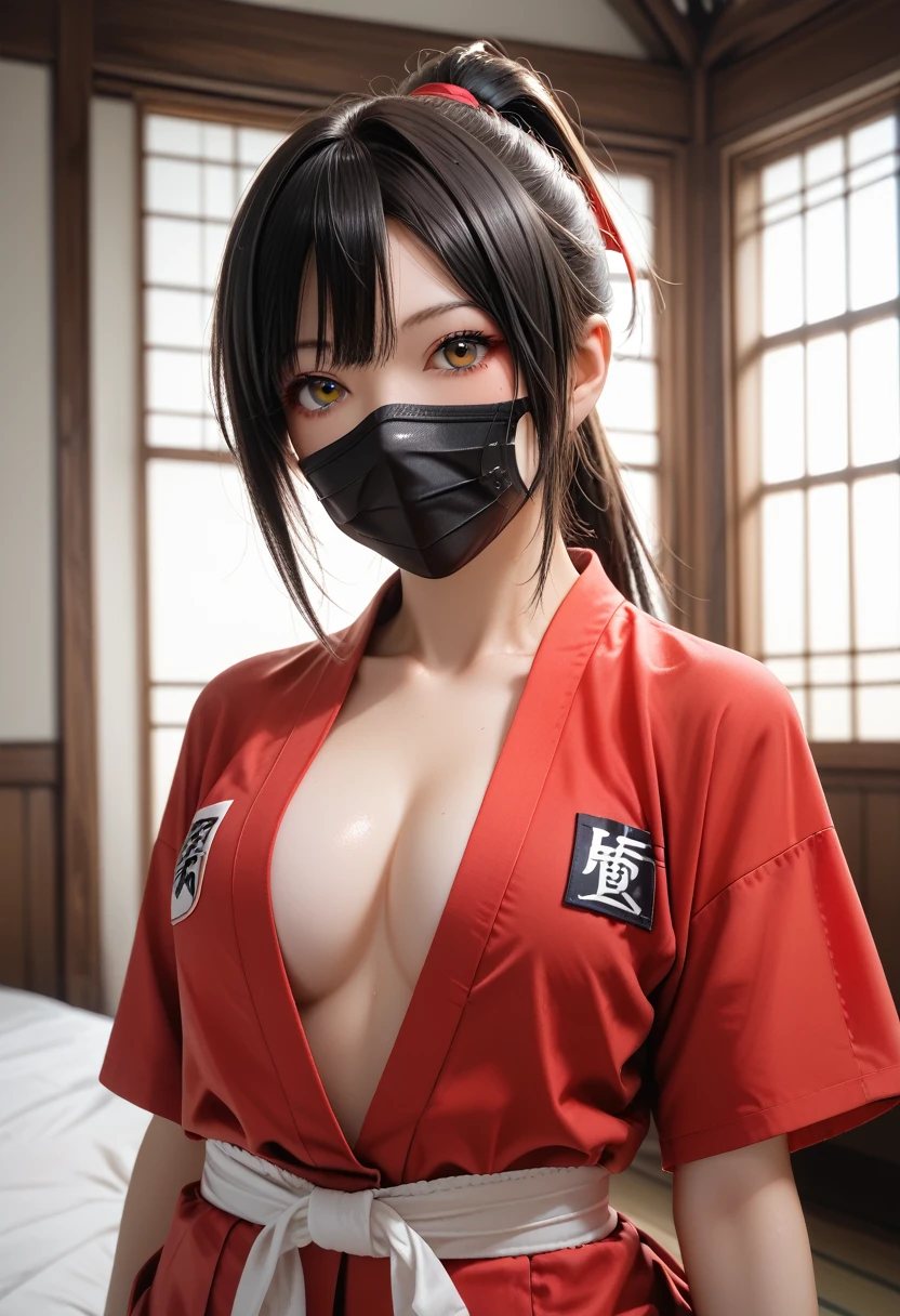 Best Quality、 perfect anatomy、 is very aesthetically pleasing、 absurd、 complicated details、 SUPER DETAILED ILLUSTRATION,BREAK kunoichi ,Ninja Mask, Ninja Lock Curtain, ninja suit、short kimono 、Chest Opening,net、BREAK cowboy shot,looking at viewer,BREAK 18yo,young girl, black hair ponytail、 red mesh、Modest breasts、BREAK castle town 