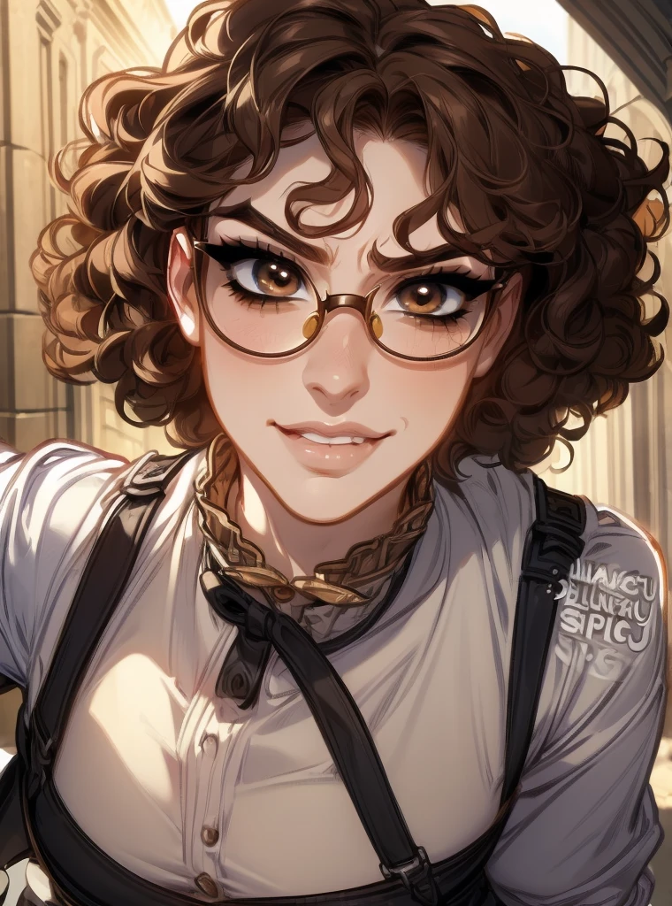 (Masterpiece:1.2), ultradetailed face, portrait, detailed shading, skinny, round glasses,(dynamic pose:1.4), (disgusted:1.2), young woman, blushyspicy, thick lineart, heavy makeup, angry eyes, (medium curly hair), ((braces)), smile, ((light brown hair)), pale skin, flat chest