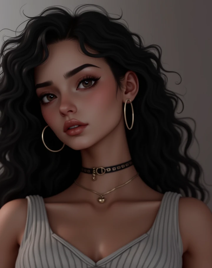 <lora:Sexy-Brazilian:0.8> long black curly hair,wild hair,brown skin, hazel eyes, full lips, eyelashes,golden hoop earings,party background,desaturated background,bokeh,dark theme,soothing tones,muted colors,high contrast,(natural skin texture, hyperrealism, soft light, sharp),(close-up shot) artistic photoshoot,(black cropped rockshirt),underboob,side boob), nsfw, S239_AliyaKiss ,